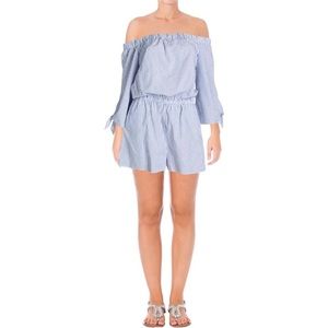 AQUA Blue Pinstripe Off the Shoulder Romper